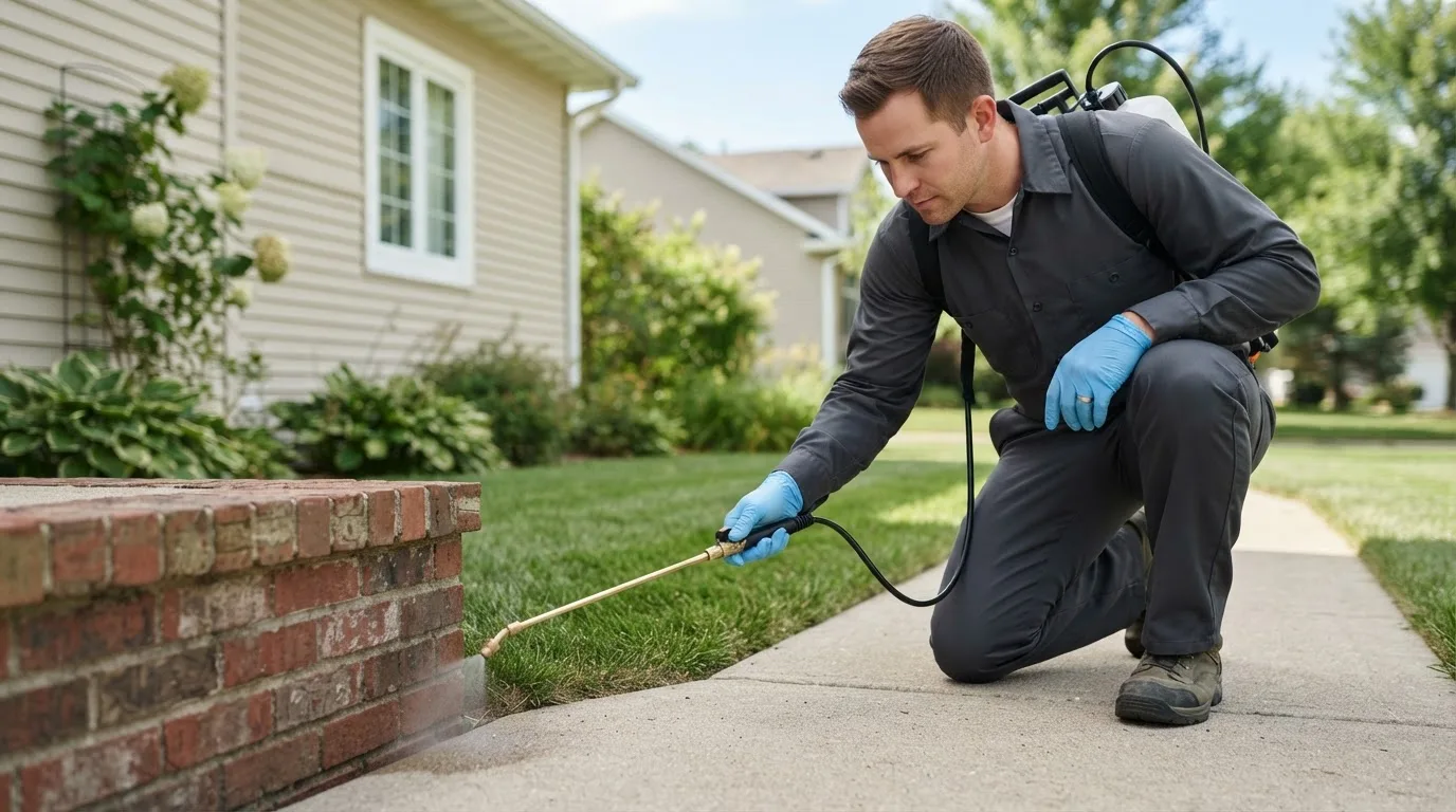 Pest control technician treating a home near Hilbert, WI