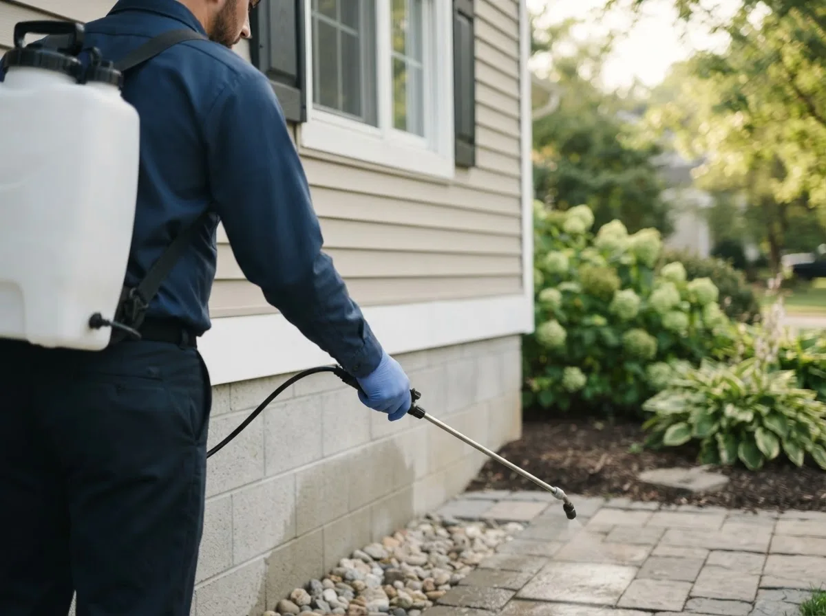 Pest control technician inspecting a home in Hilbert, WI